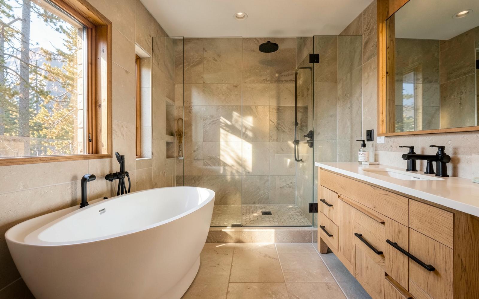Modern bathroom with freestanding tub and white oak vanity