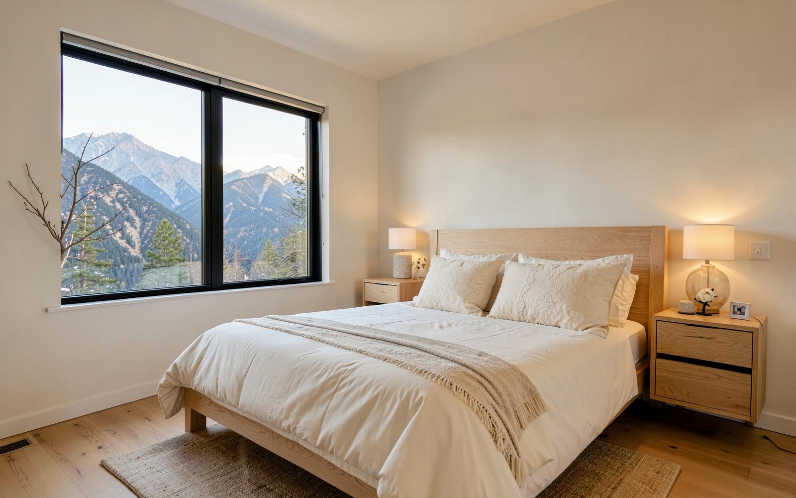Bedroom with white oak bed, cream linens and a mountain-facing window