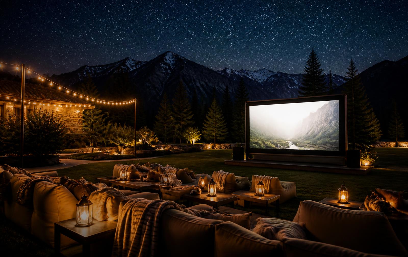 Outdoor cinema screen glowing on a mountain lawn under a starry sky