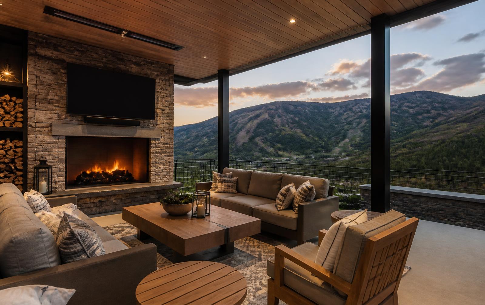 Covered outdoor living room with fireplace, television and mountain view