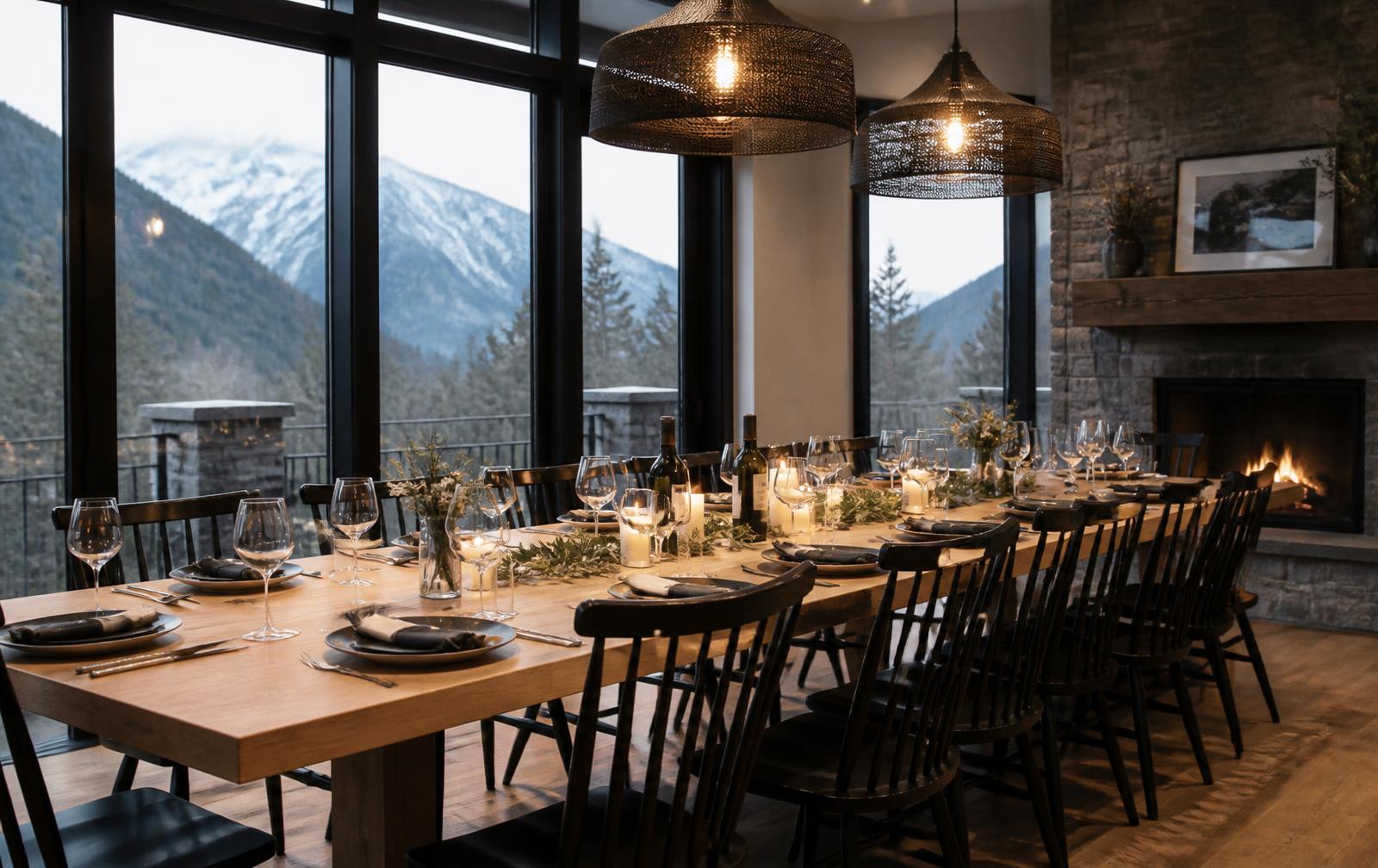 Long custom farm dining table set for twelve with mountain views