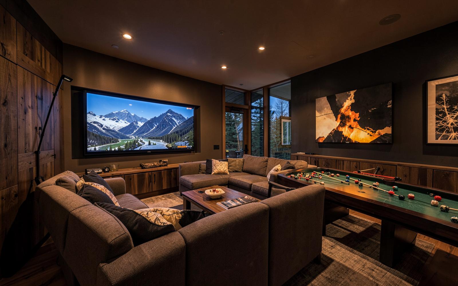 Indoor entertainment lounge with large screen and game table
