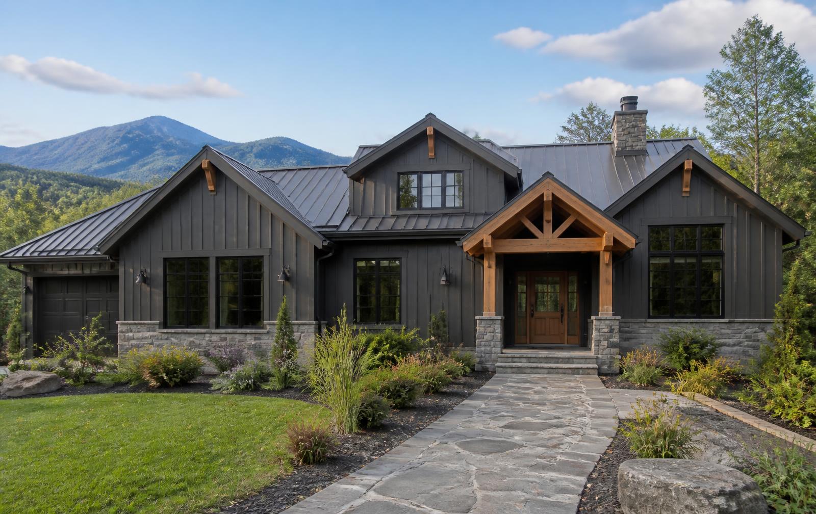 Dark charcoal board-and-batten mountain lodge exterior in daylight