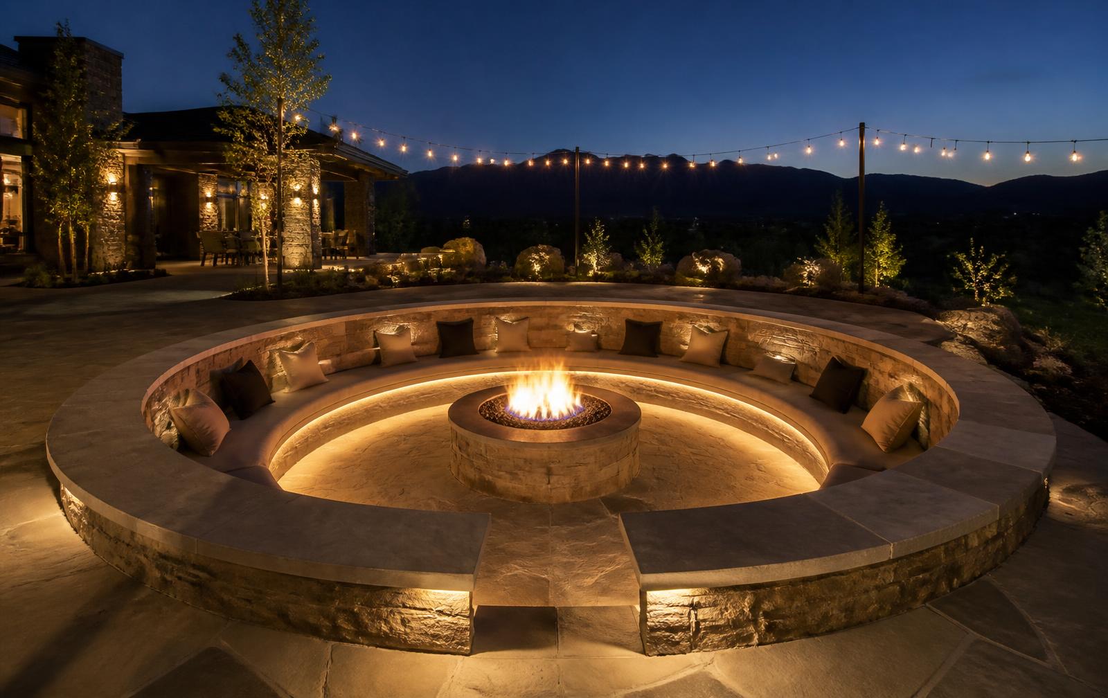 Sunken circular fire-pit lounge with bench seating lit at night