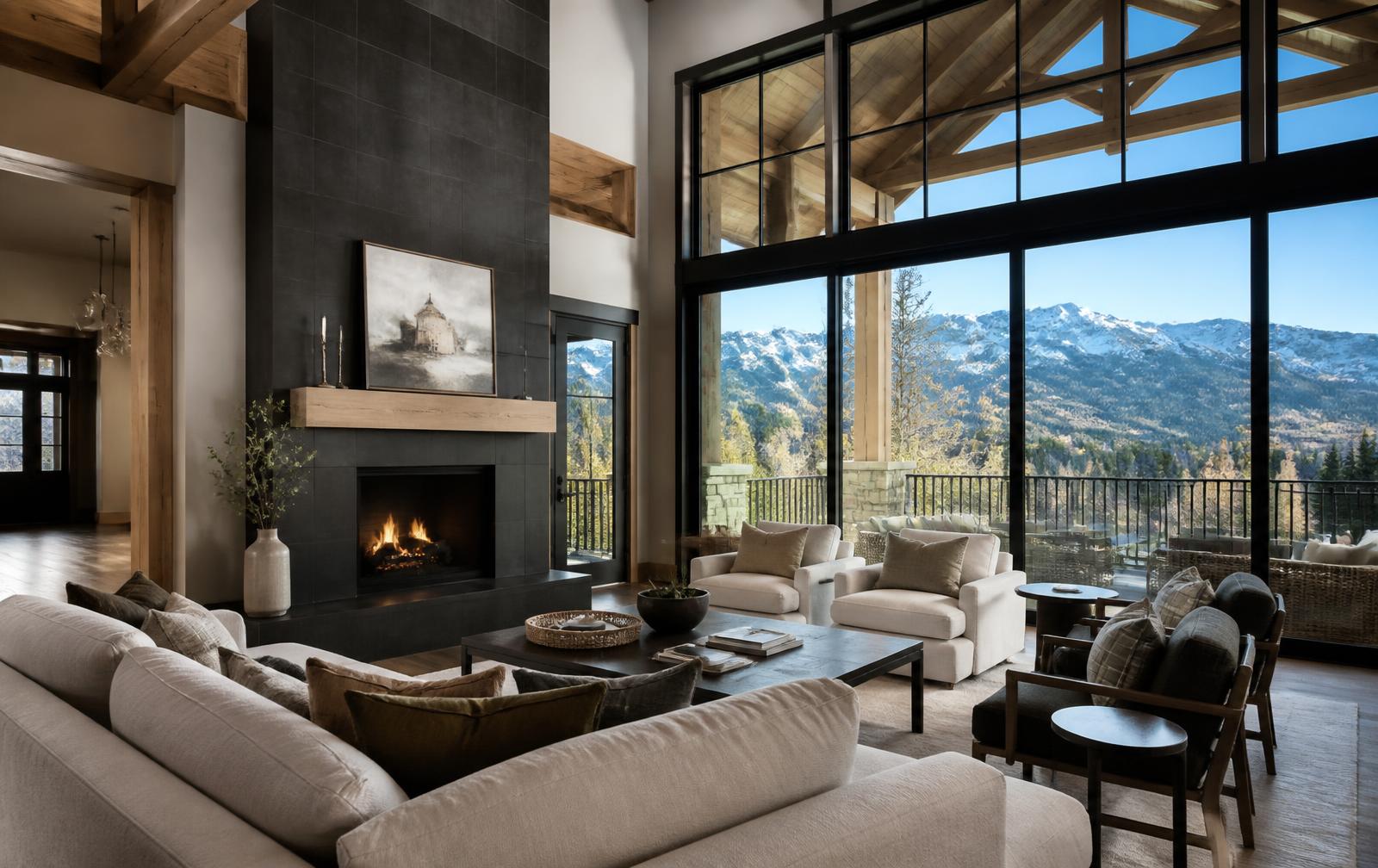 Great room with soaring windows, iron-ore fireplace and white oak accents