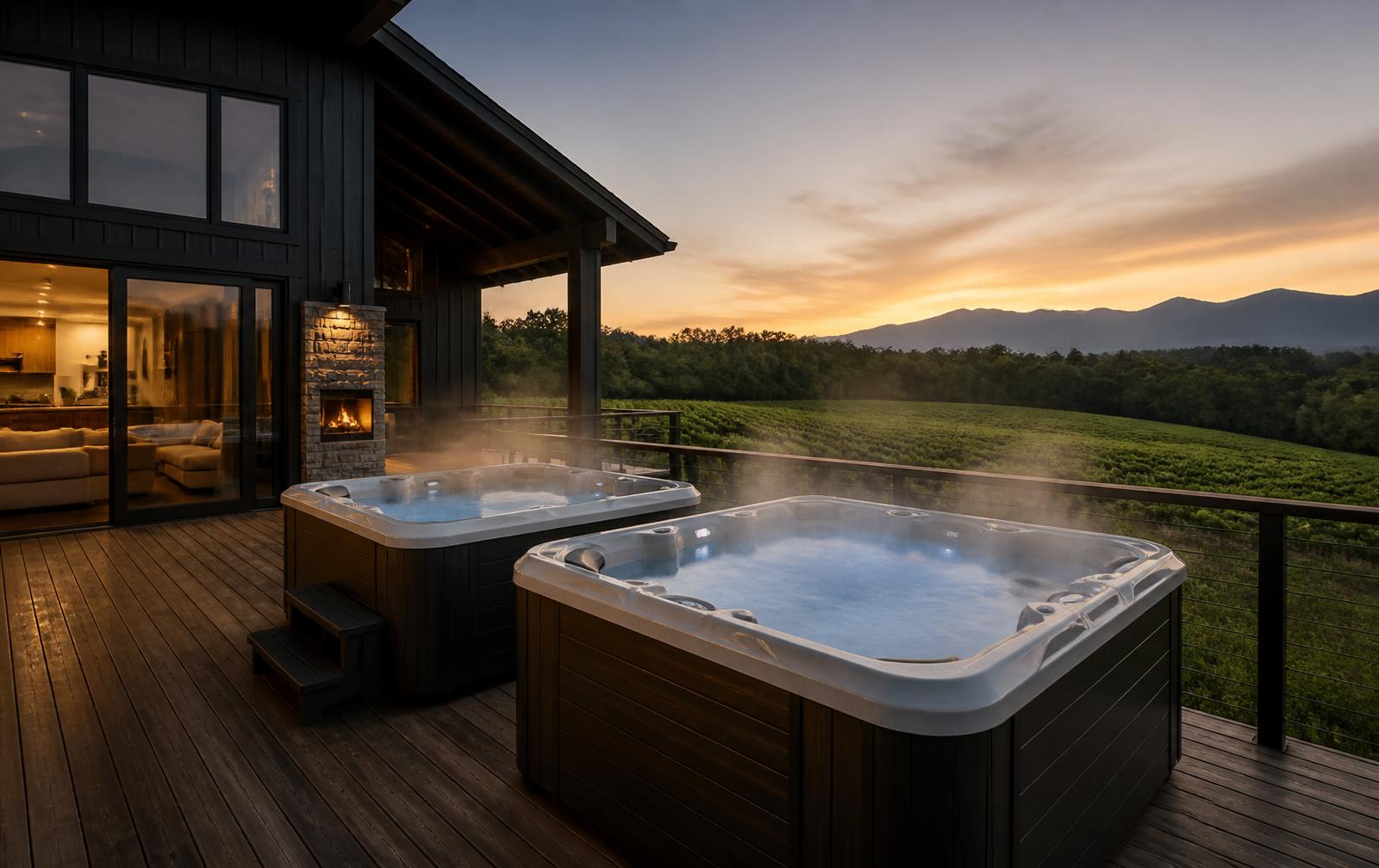 Two hot tubs steaming on a mountain deck at sunset with vineyard views