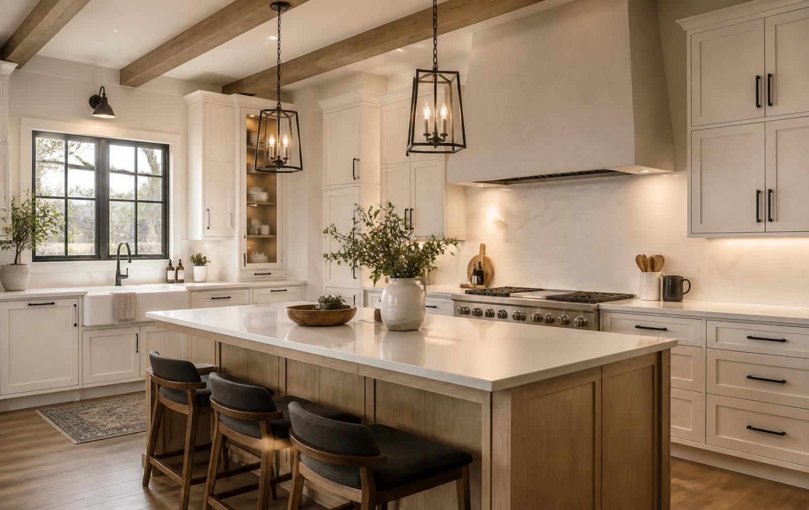 Modern mountain kitchen with white oak island, quartz counters and antique white cabinetry