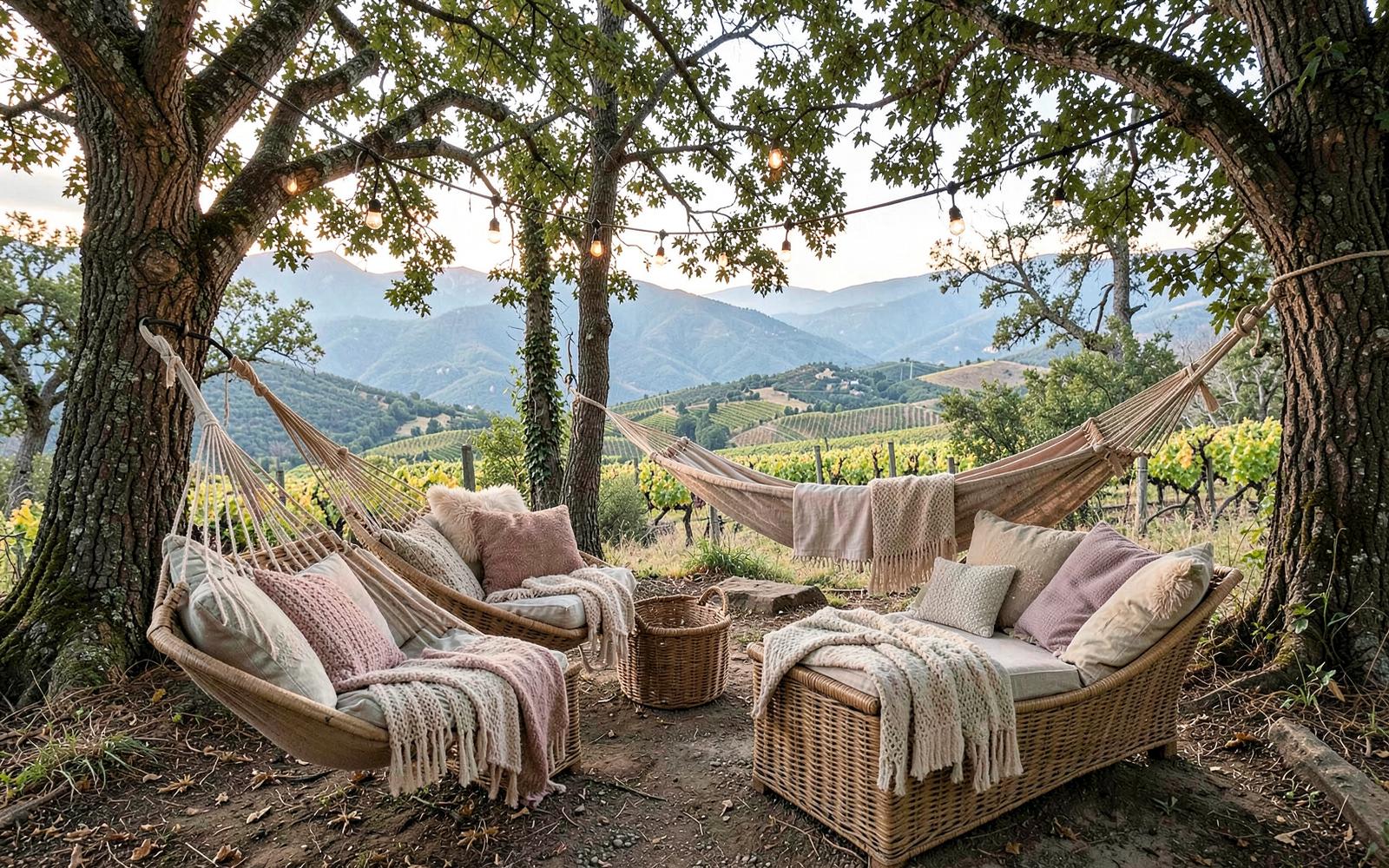 Hammock-style outdoor lounge nook under trees with vineyard views