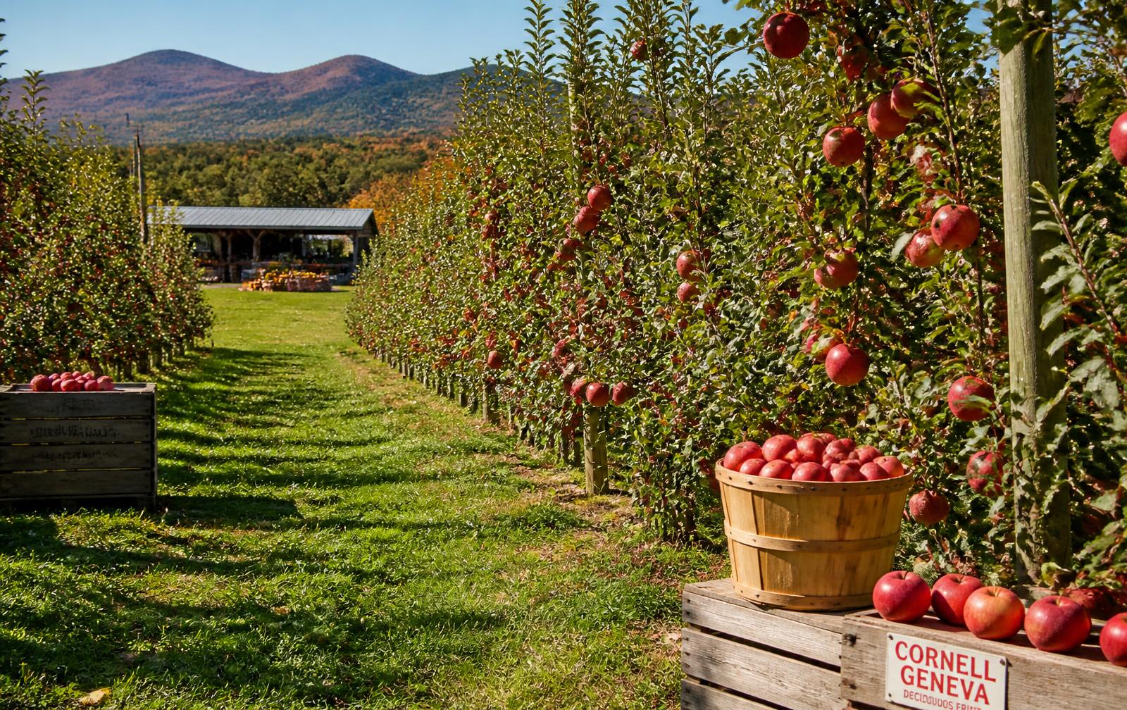 Apple orchard rows in autumn with mountains behind