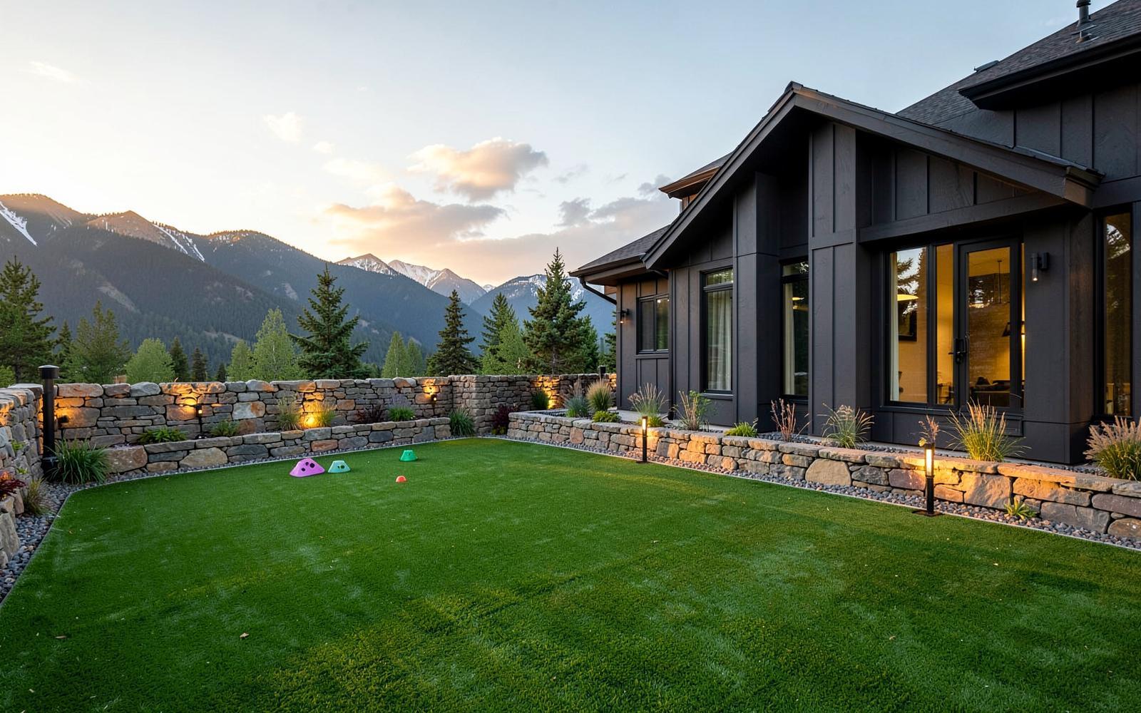 Landscaped artificial turf recreation lawn beside a modern mountain lodge